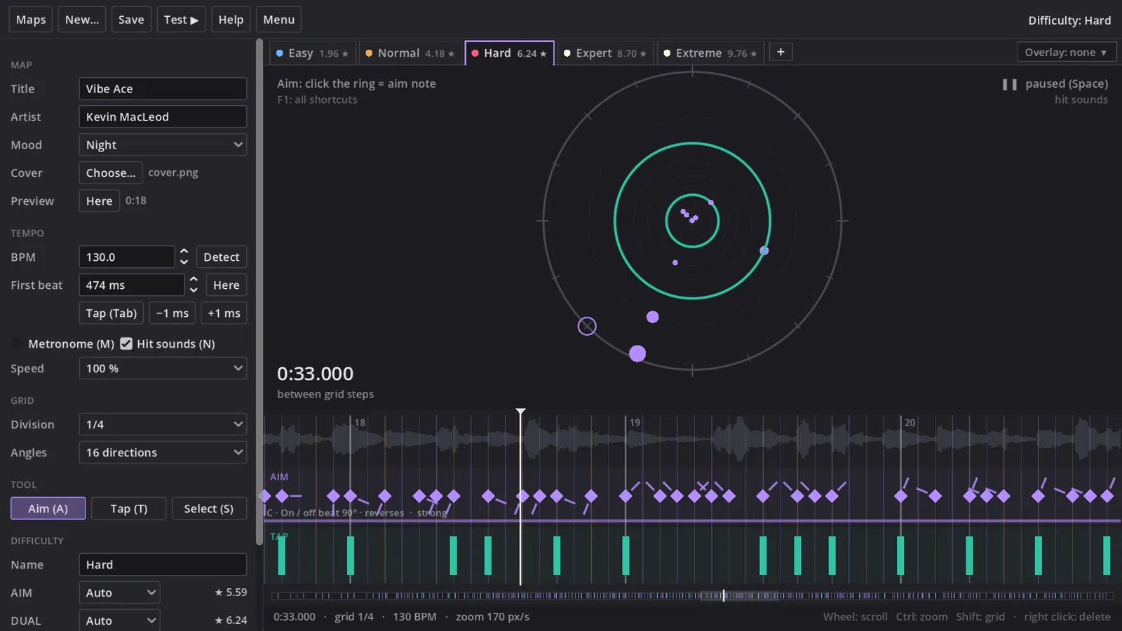 The Ringwave map editor: the ring view, the timeline with aim and tap lanes, and the settings panel